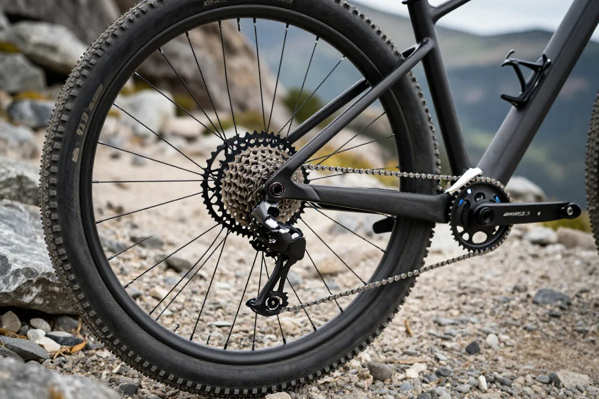 Zbliżenie na układ napędowy 1x w rowerze górskim na górskim szlaku.