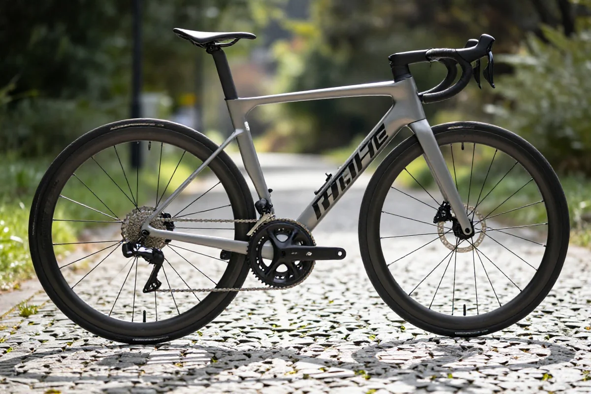 Nowoczesny rower szosowy z napędem 1x na ścieżce, z widoczną kasetą i tarczą.