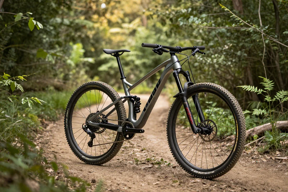 Rower górski XC na malowniczym szlaku, ukazujący lekki frame i elementy osprzętu.