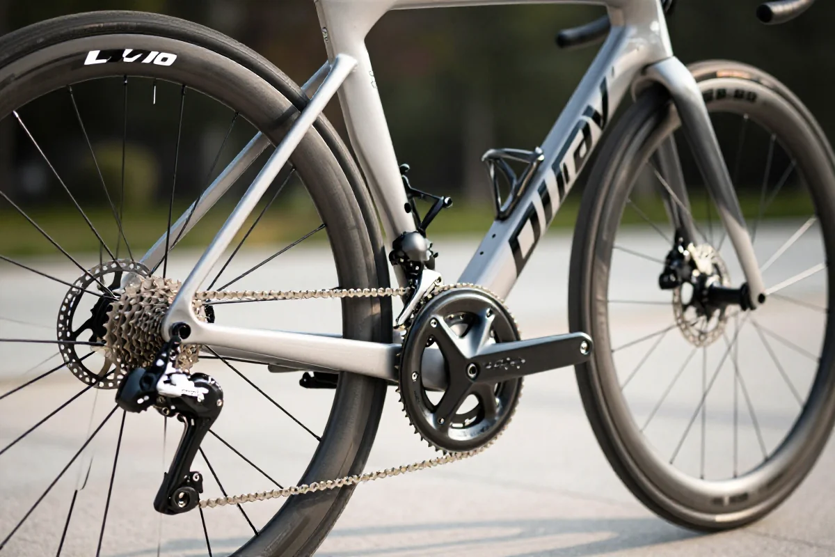 Bliska fotografia roweru szosowego z detalami komponentów i ramy.