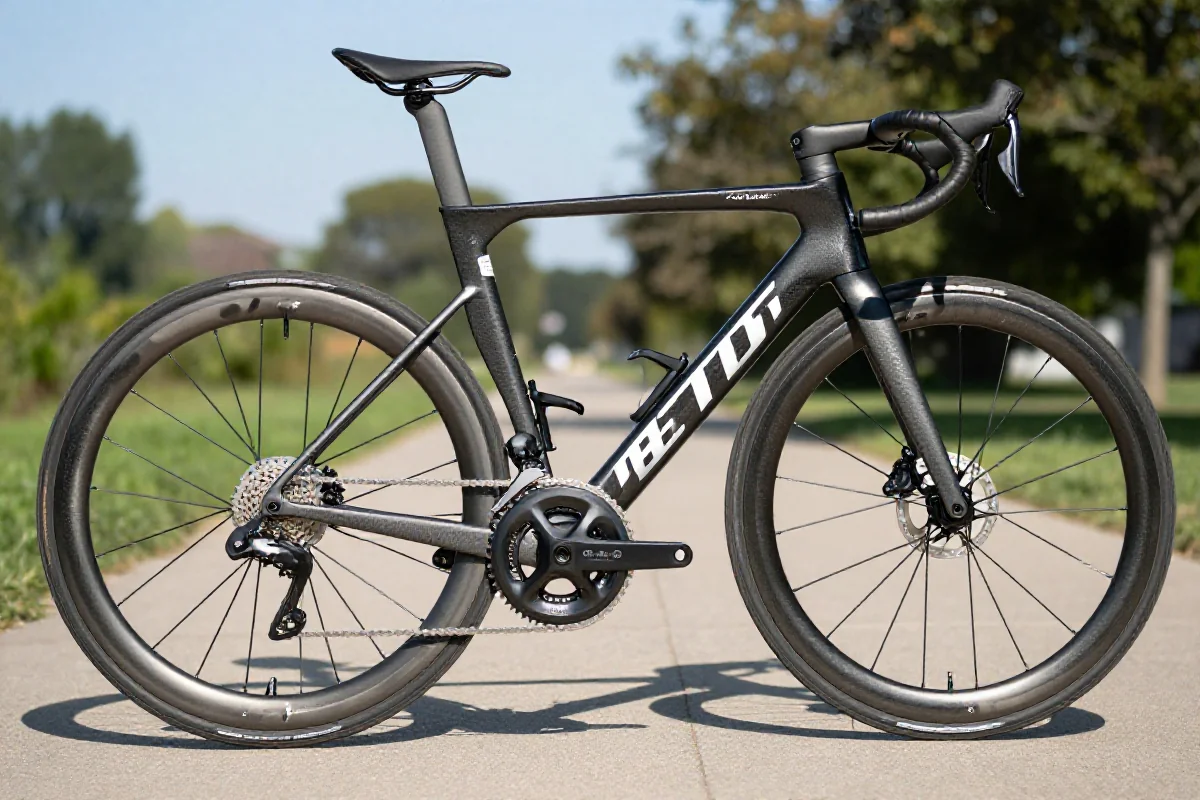 Rower szosowy na ścieżce rowerowej, z widoczną ramą i kołami.