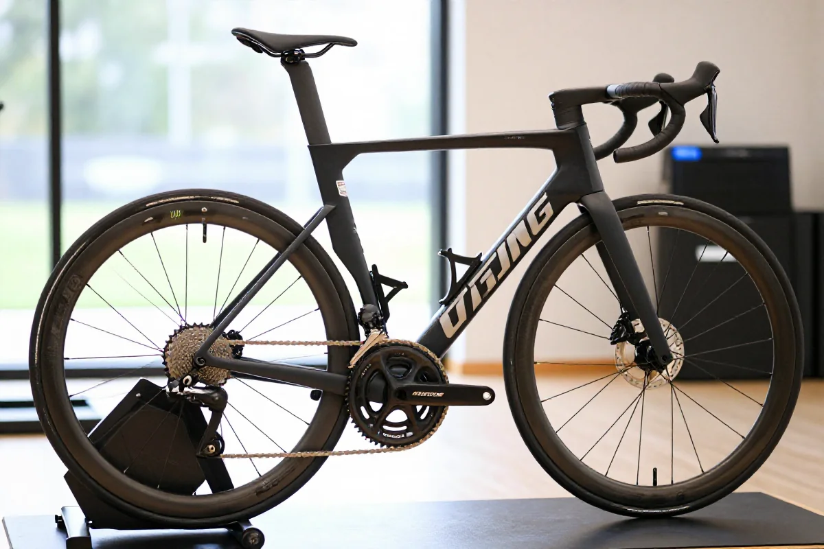 Profesjonalny rower szosowy na trenażerze, idealny do treningu siły szczytowej.