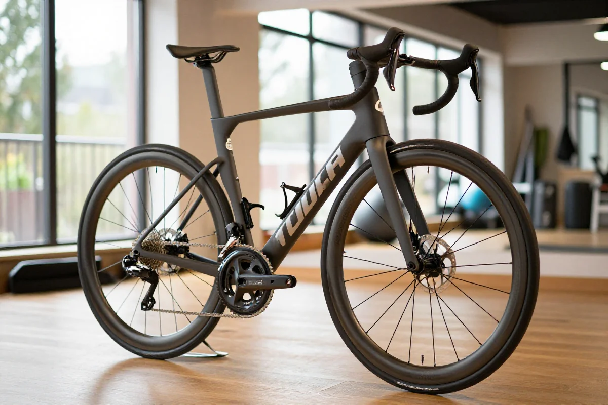 Rama roweru szosowego w studiu jogi, podkreślająca elastyczność bioder.