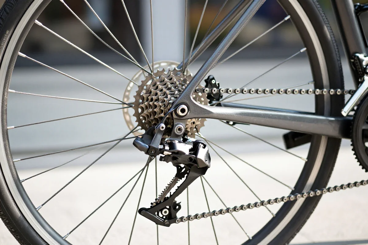 Szczegółowy widok systemu przerzutek rowerowych w miejskim otoczeniu.