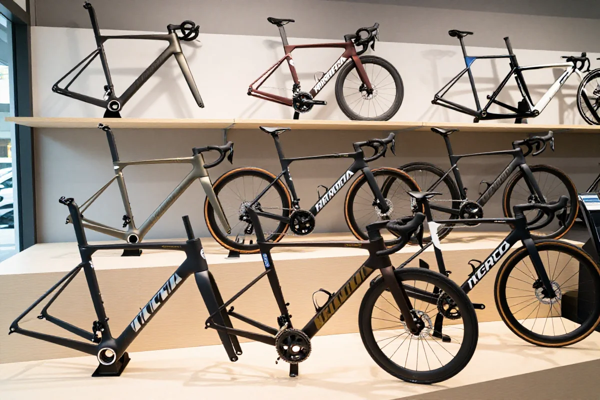 Wybór różnych ram rowerów szosowych w dobrze oświetlonym sklepie rowerowym.