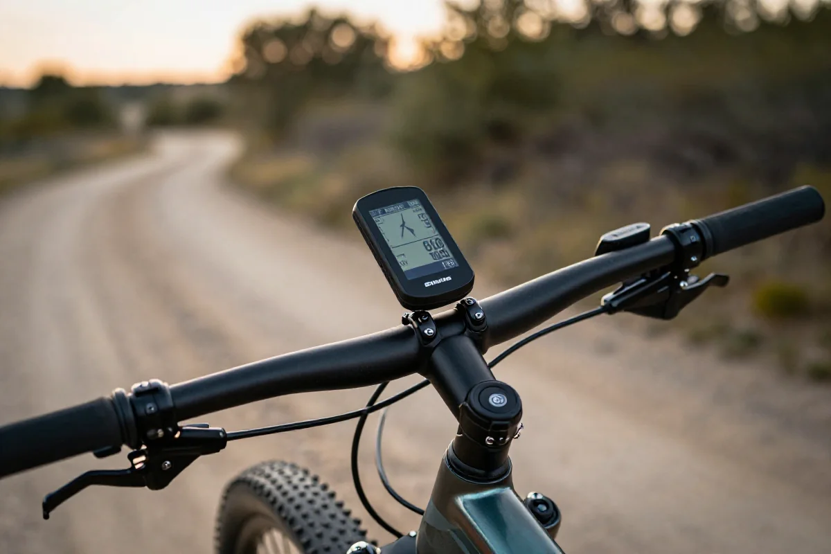 Zaawansowany licznik rowerowy na kierownicy roweru górskiego z metrykami treningowymi.