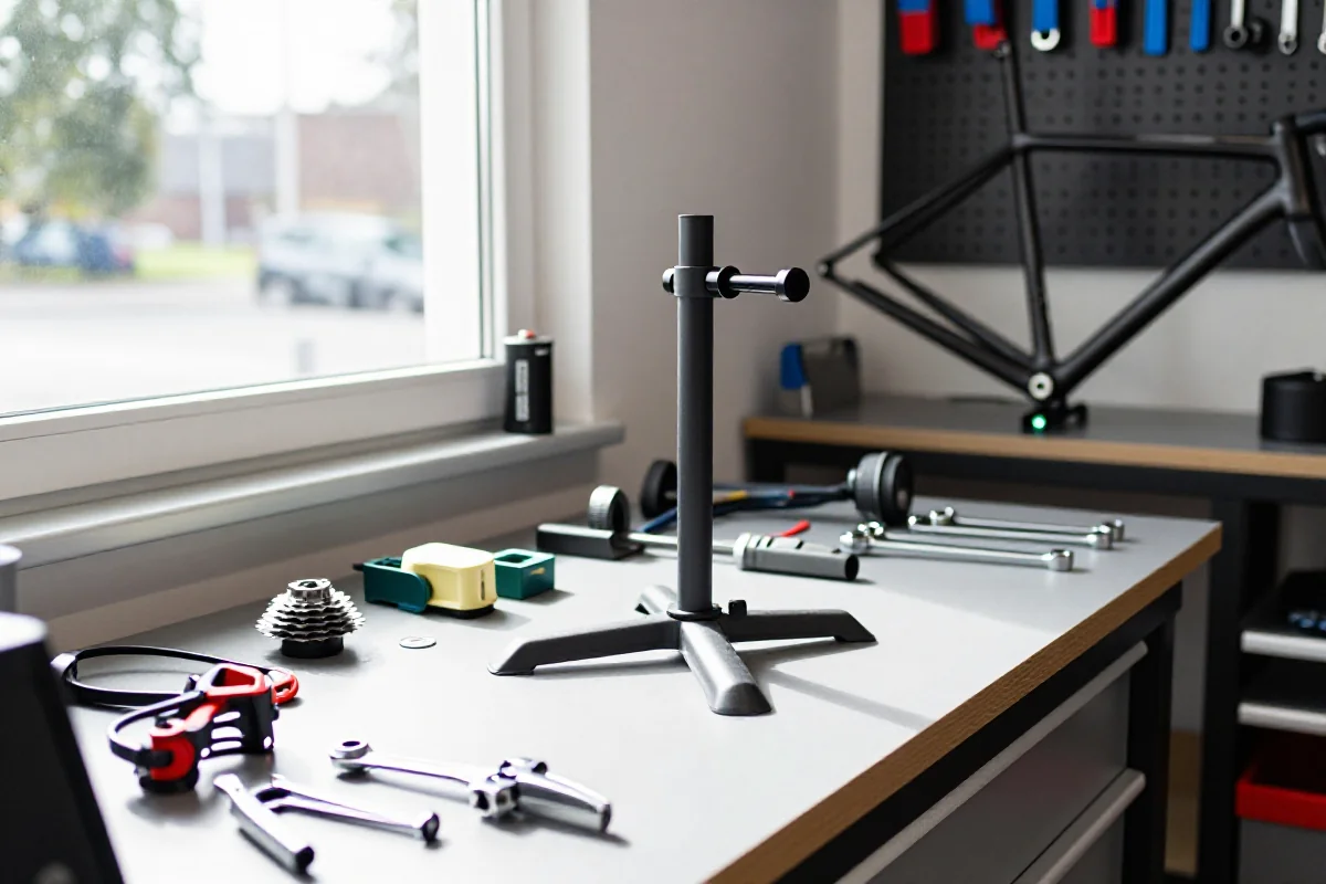 Zaawansowane narzędzia w warsztacie rowerowym, stojak serwisowy i akcesoria.