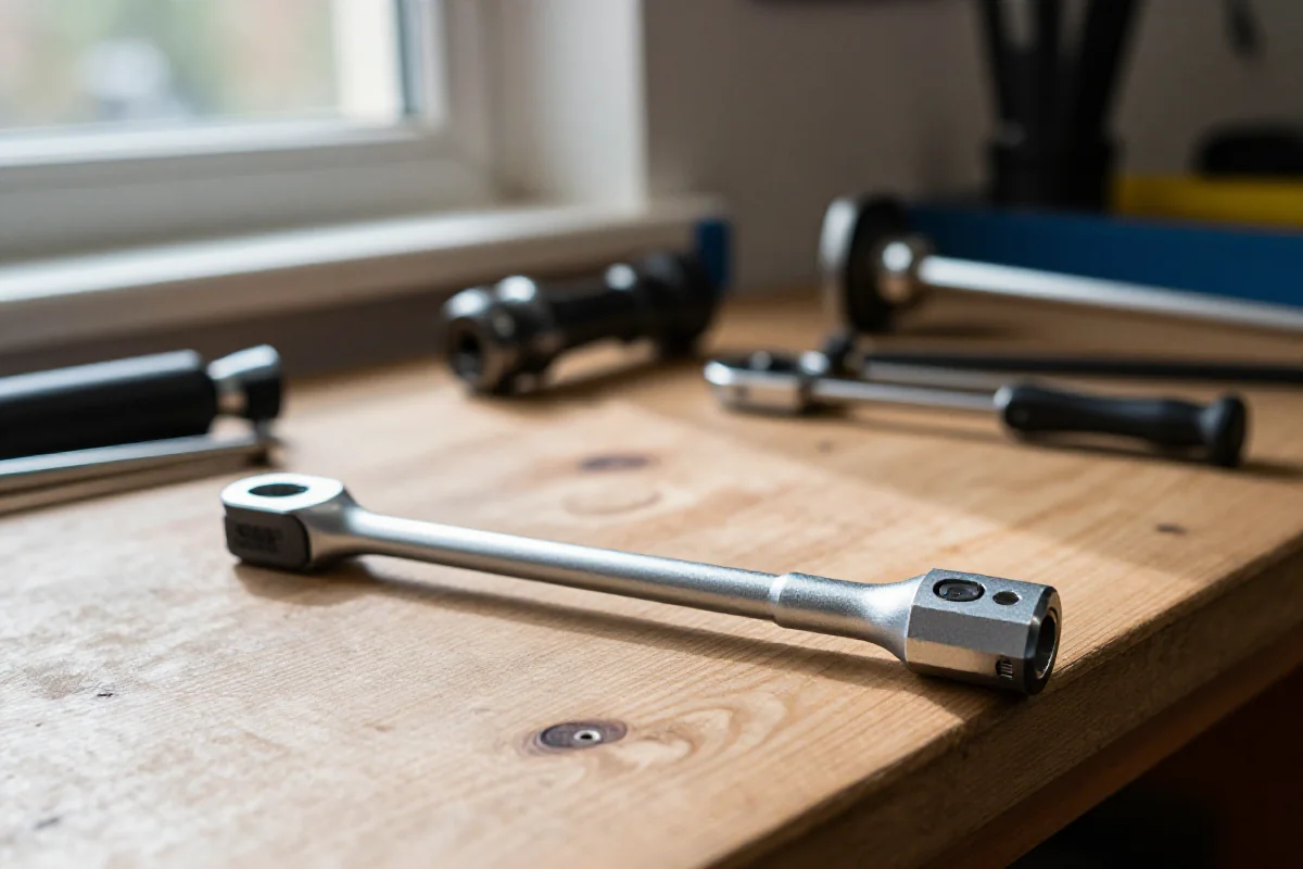 Wysokiej jakości klucz dynamometryczny na warsztatowym stole rowerowym.