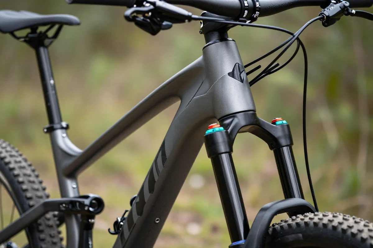 Regulacja kąta główki ramy roweru górskiego w naturalnym otoczeniu.