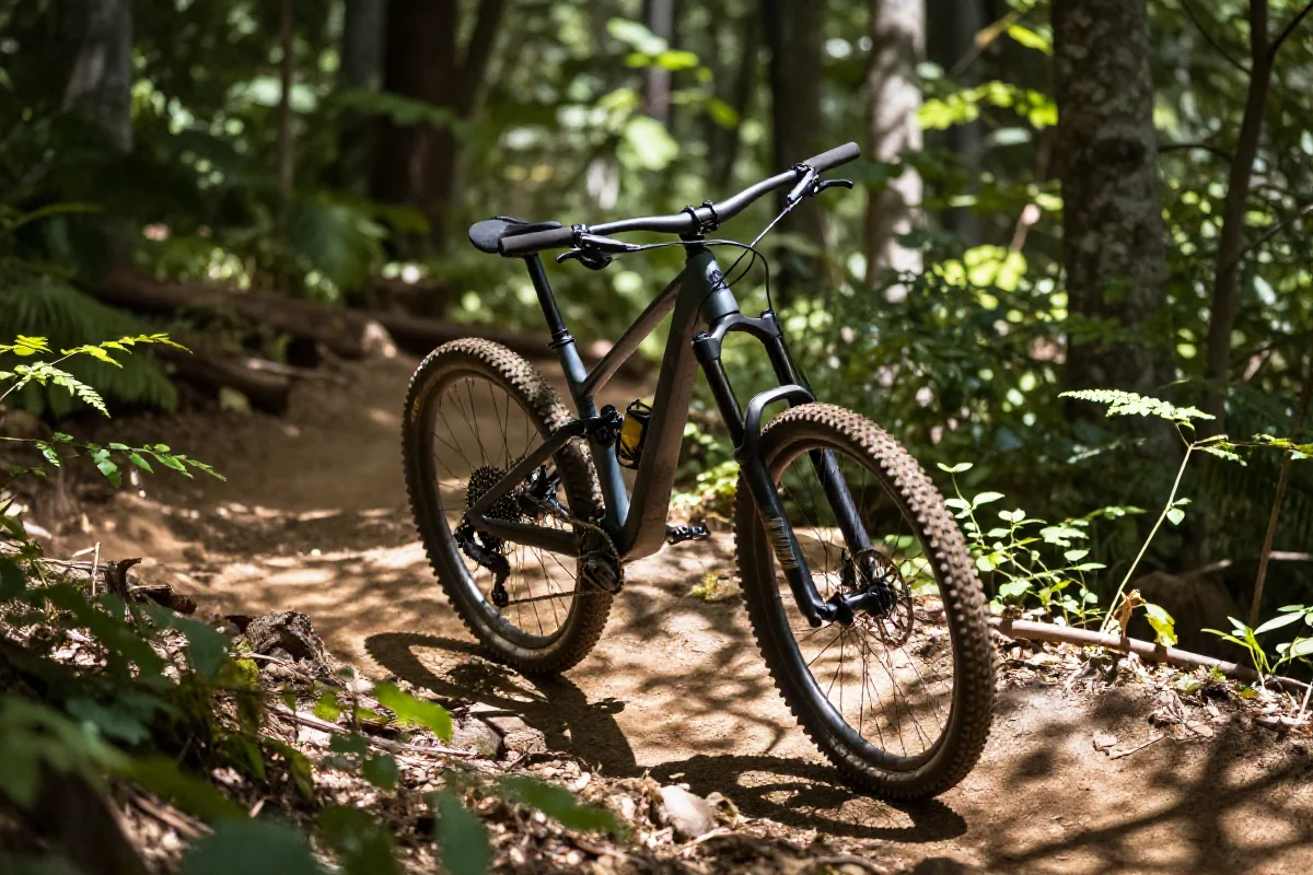 Rower górski pokonujący switchbacki bez dotykania podłoża w lesie.