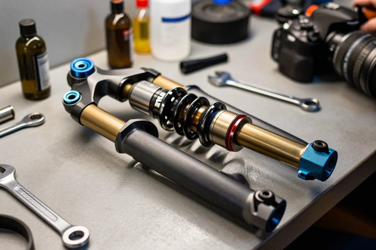 Zbliżenie na rozmontowany amortyzator MTB na warsztacie, detal serwisu rowerowego.