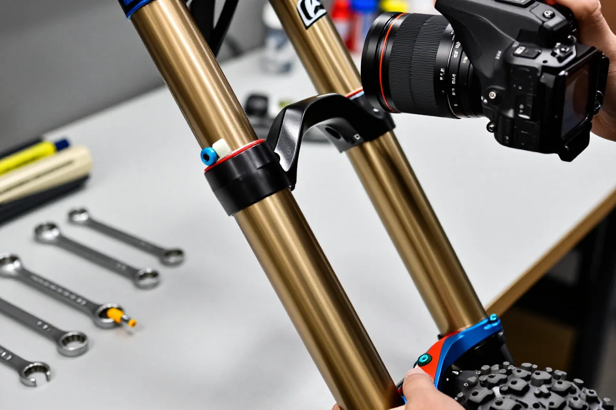 Serwis wyższy widelca MTB w warsztacie, z widocznymi podzespołami i narzędziami.