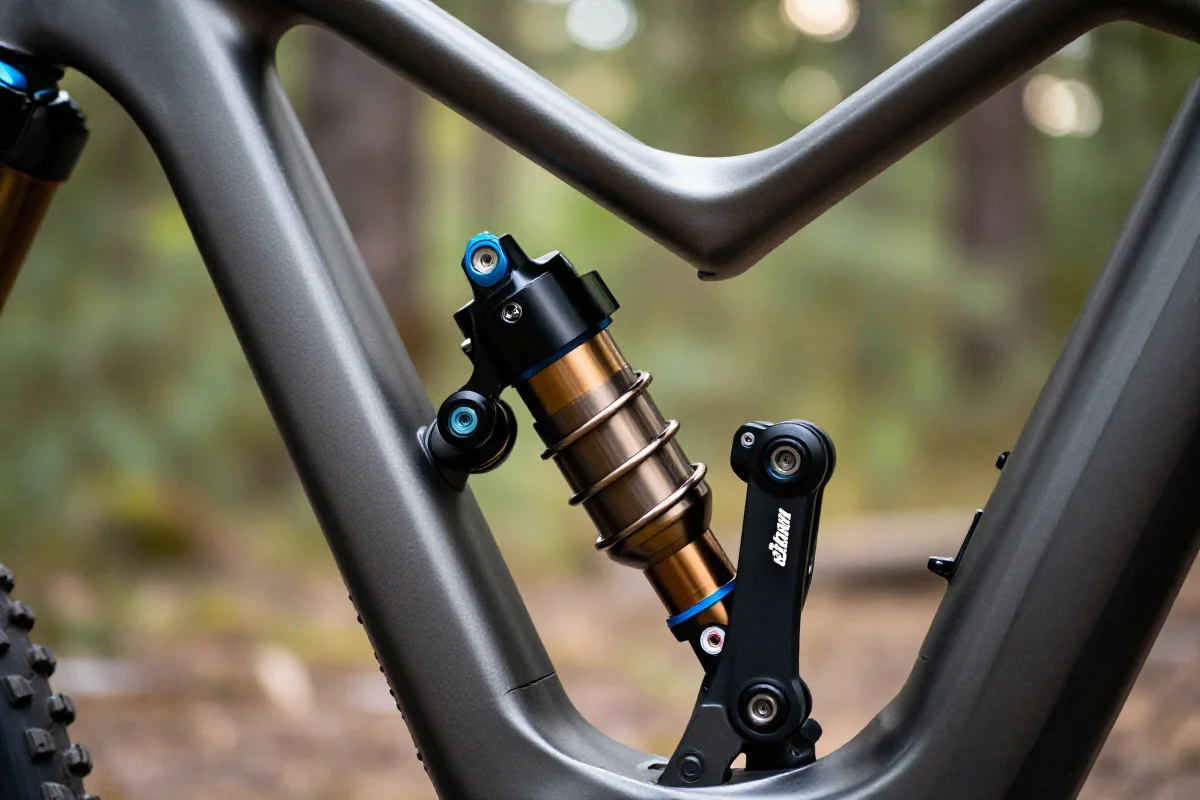 Zaawansowany tuning zawieszenia MTB z widocznymi elementami technicznymi.