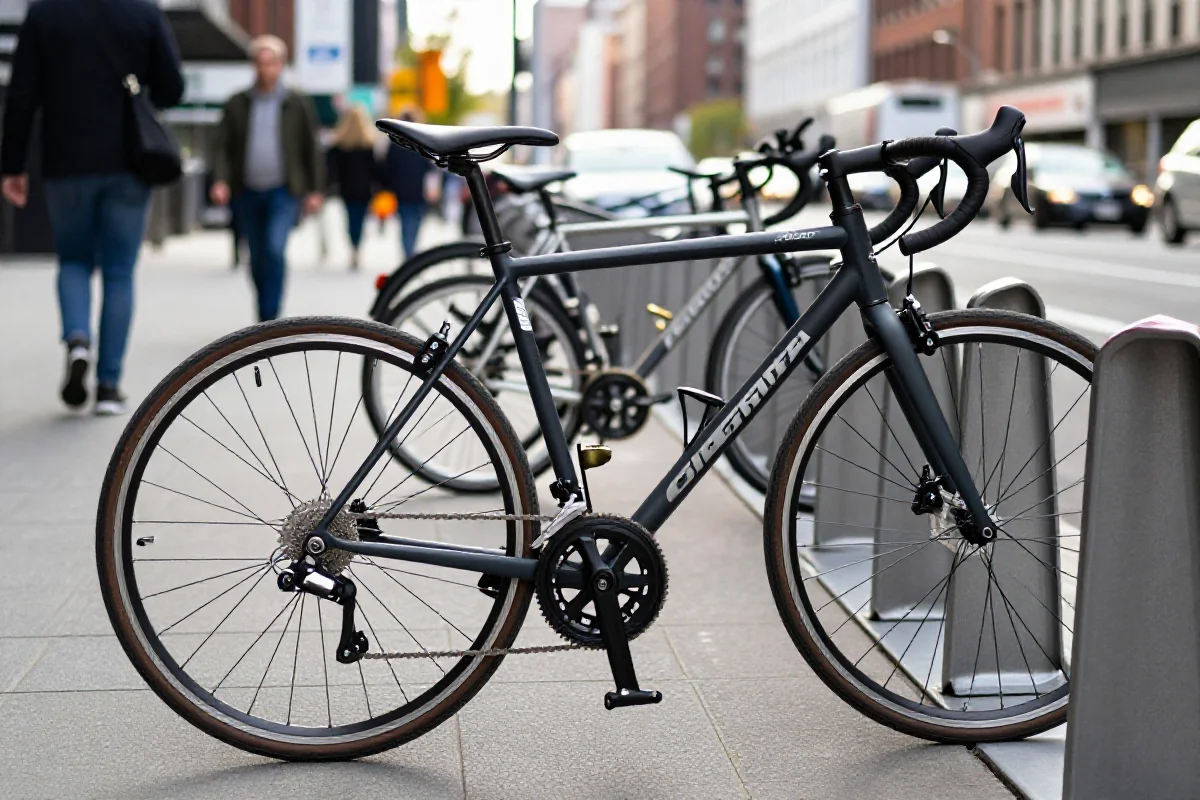 Zabezpieczony rower przy miejskim stojaku rowerowym w centrum miasta.