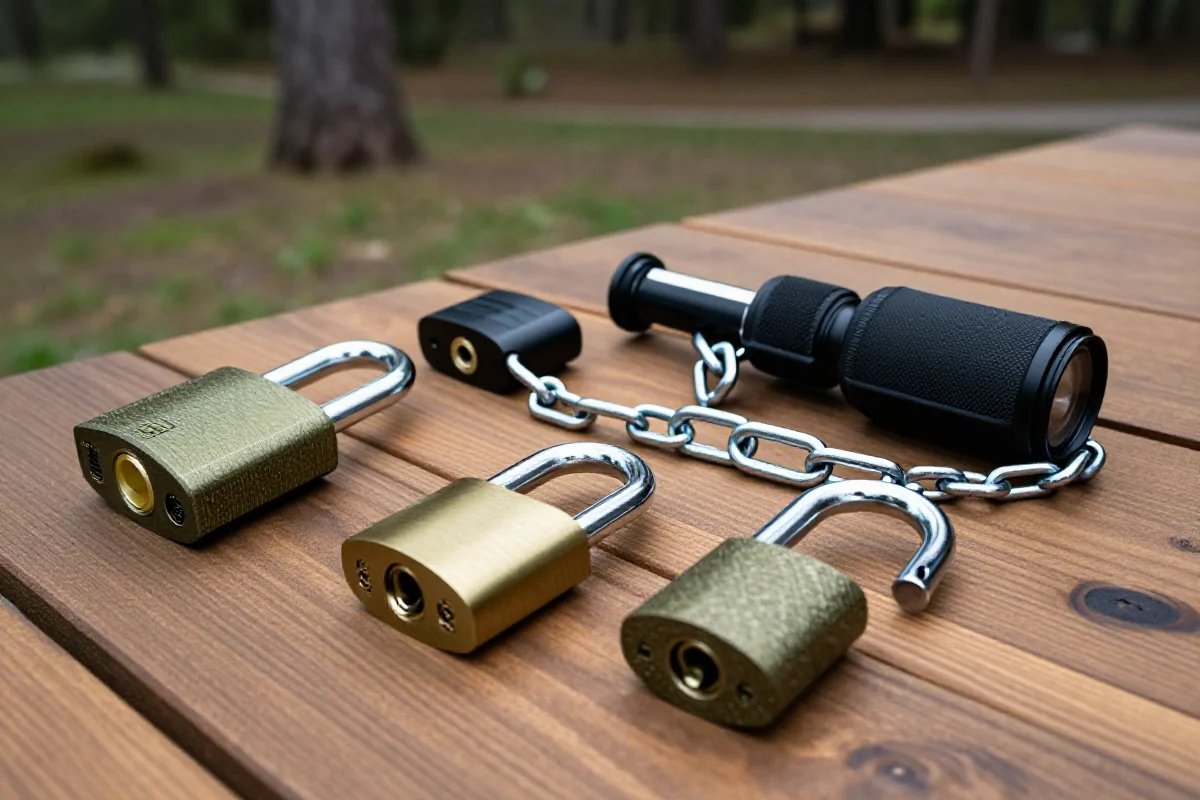 Zabezpieczenia rowerowe: zapięcia, łańcuchy i linki stalowe na stole.