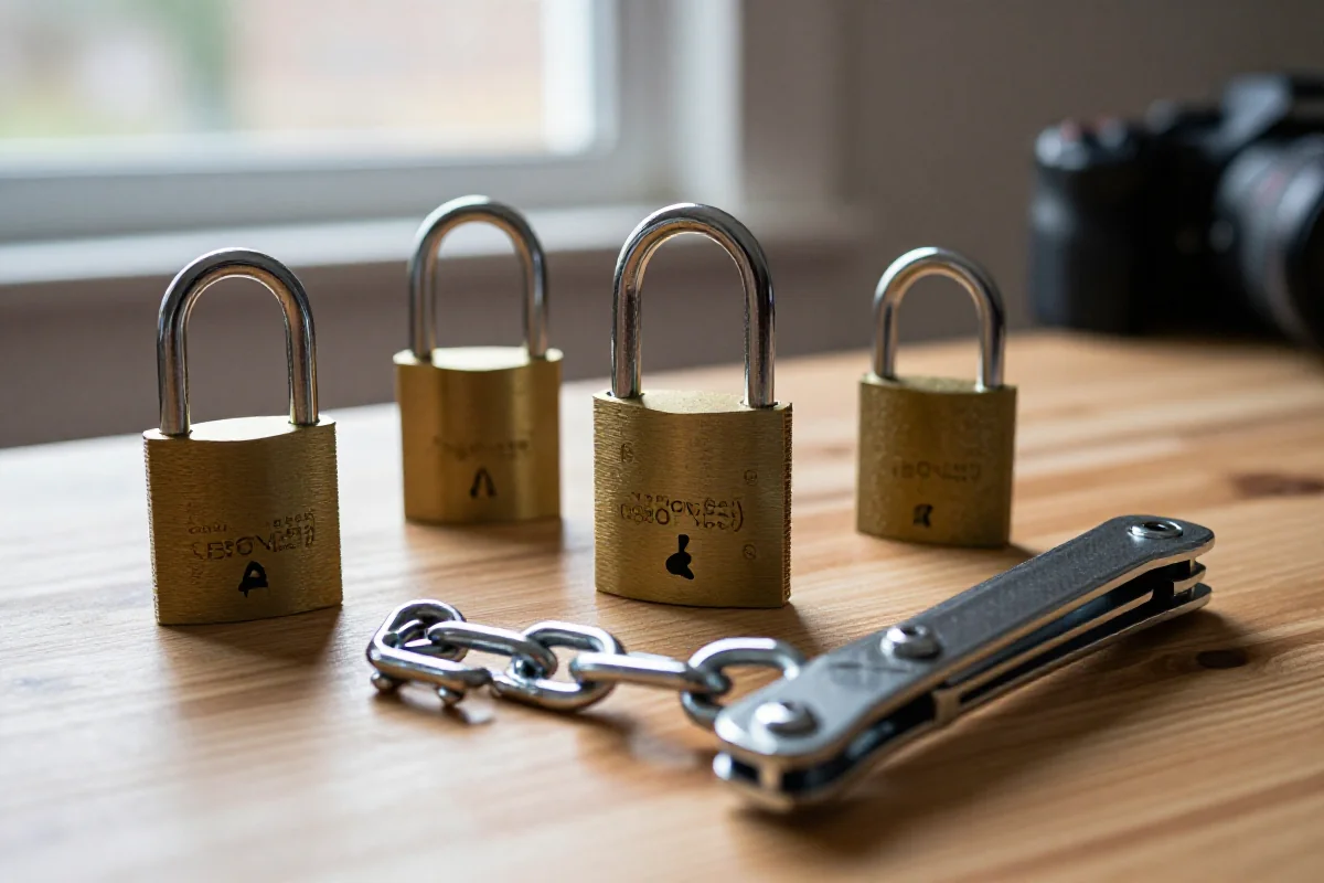 Różne rodzaje zabezpieczeń antykradzieżowych roweru na stole.