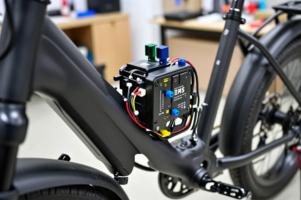 Zbliżenie na system zarządzania baterią w rowerze elektrycznym.