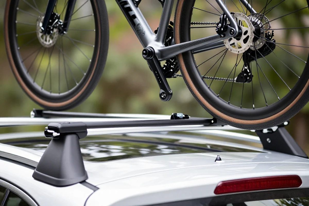 Rower szosowy zamocowany na bagażniku dachowym samochodu.