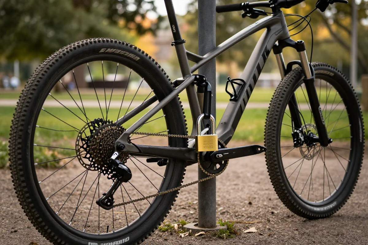 Zabezpieczony rower górski z zamkiem U w parku.