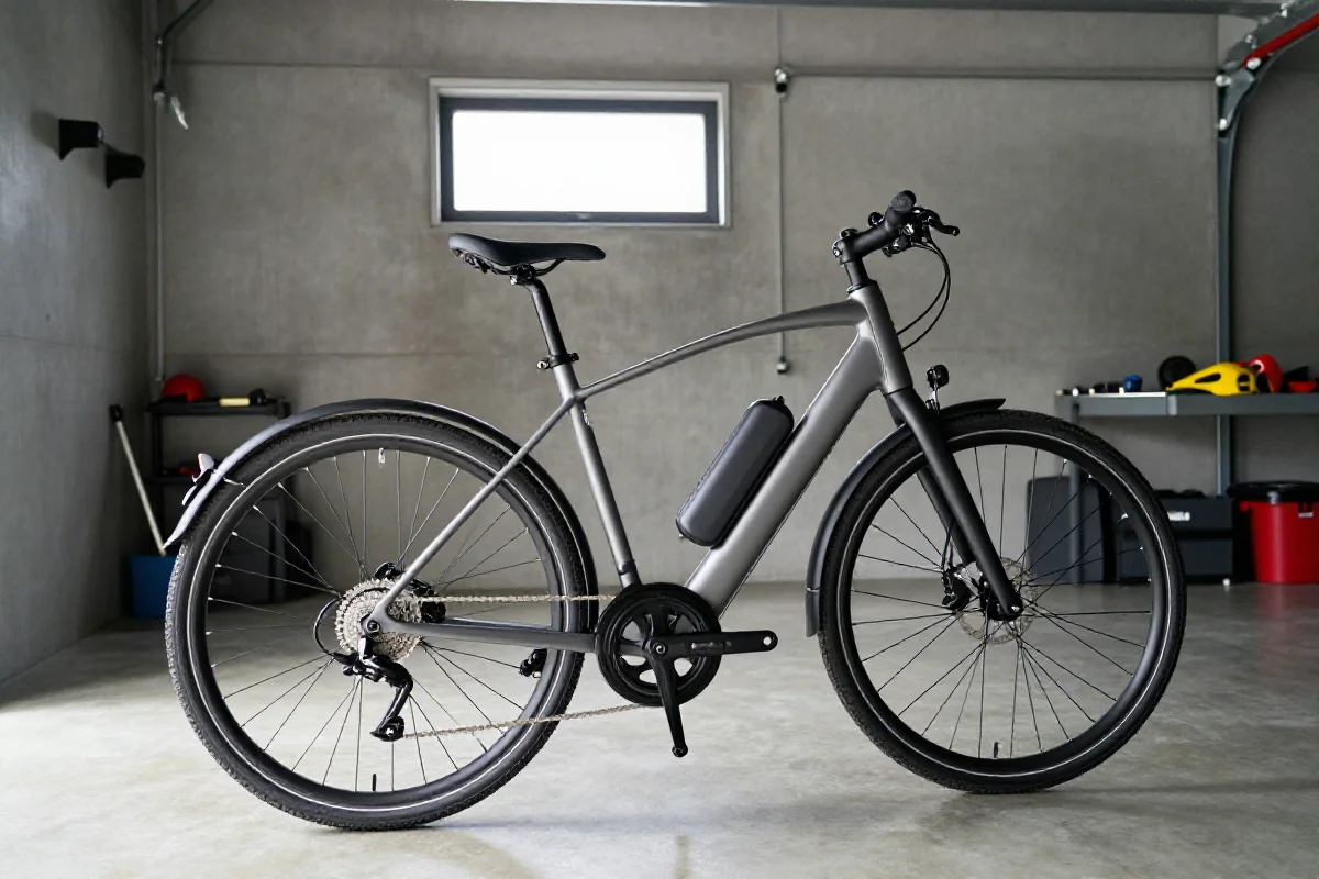 Zabezpieczony rower elektryczny w garażu wielorodzinnym, idealne dla e-bike'ów.