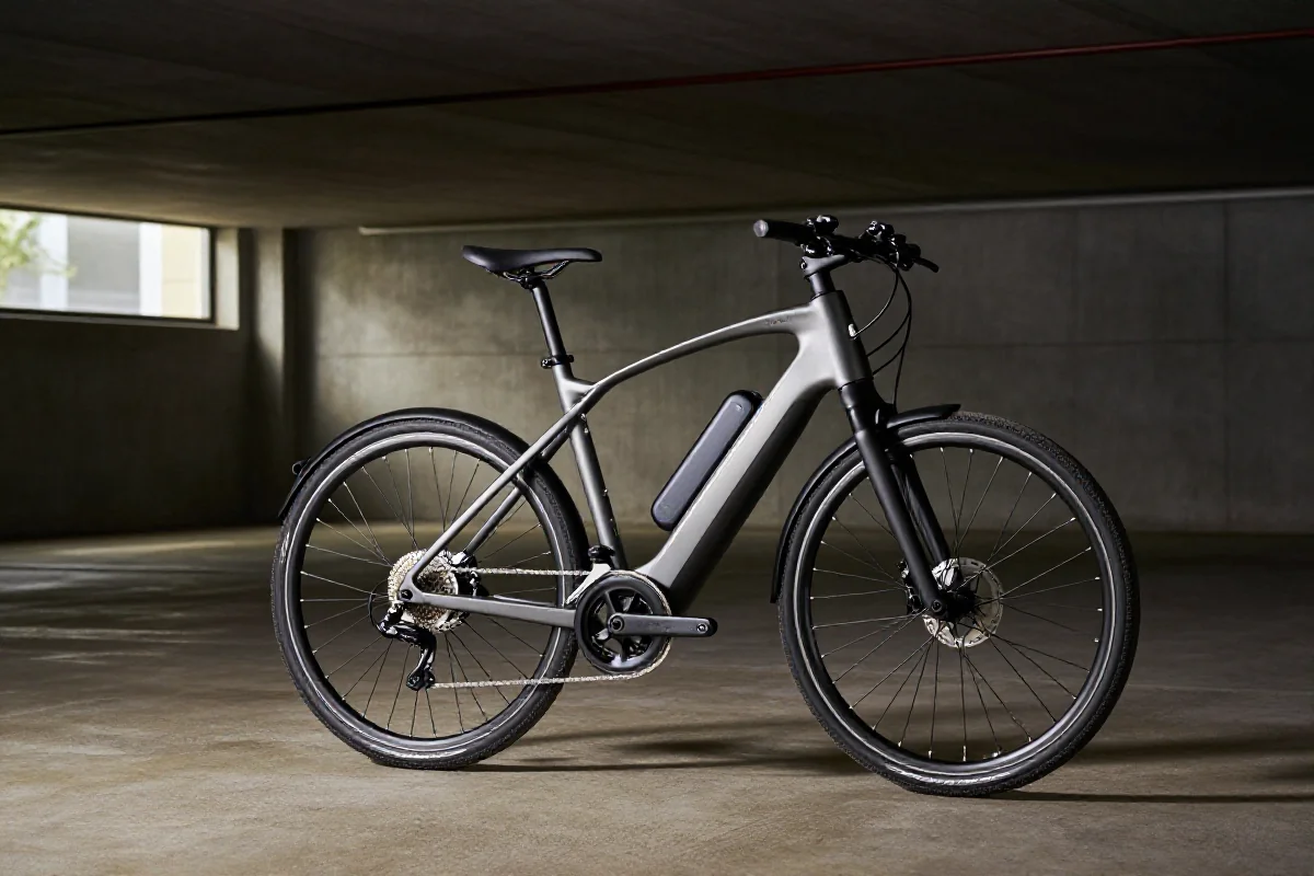 Nowoczesny e-bike zabezpieczony w garażu podziemnym, z widocznymi detalami.