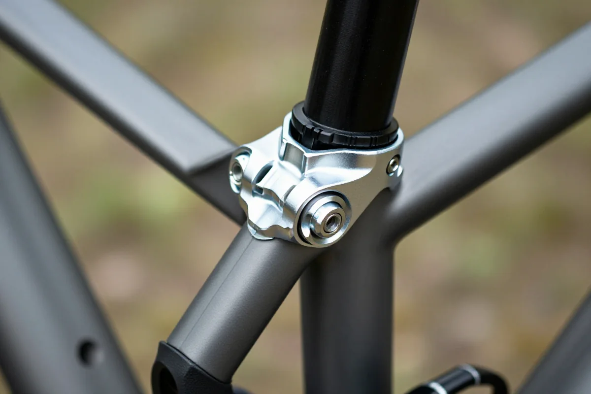 Zacisk sztycy podsiodłowej na ramie roweru górskiego w naturalnym otoczeniu.