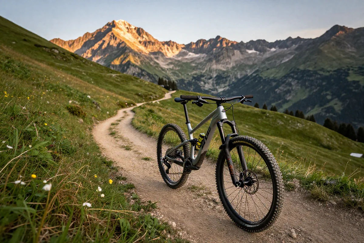 Szlak rowerowy MTB w Alpach z górami w tle i rowerem górskim.