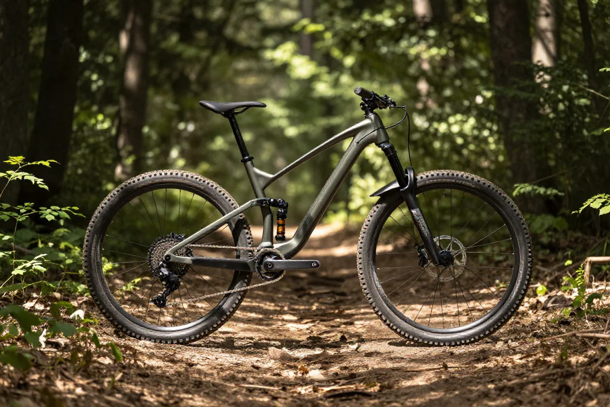 Rower górski na ścieżce w lesie, otoczony dziką przyrodą.