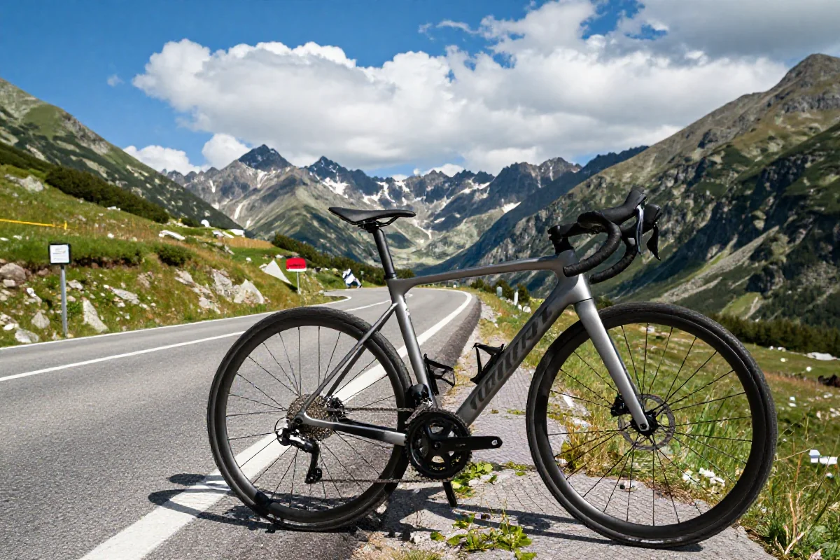 Widok na trasę rowerową w Tatrach z rowerem szosowym w tle.