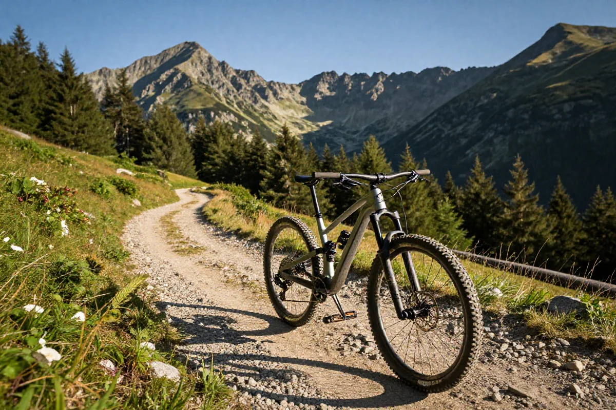 Szlak rowerowy MTB w Zakopanem z górskim krajobrazem i rowerem górskim.