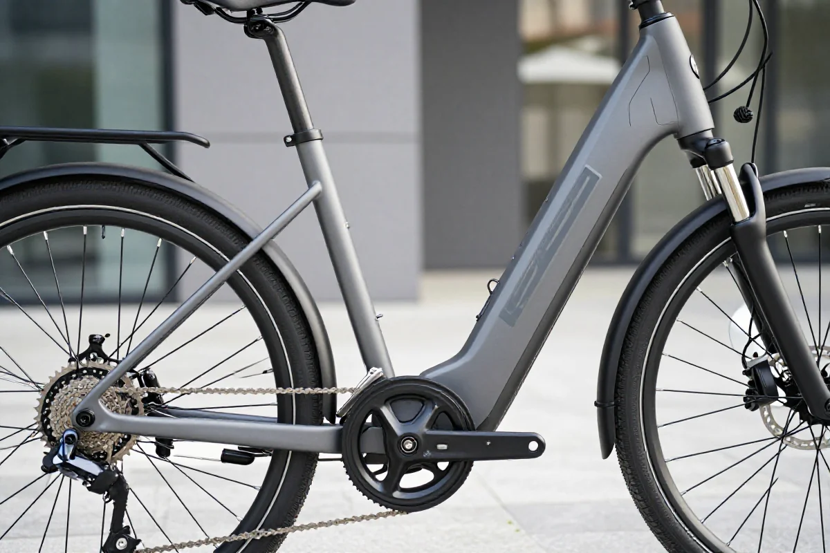 Szczegóły elektrycznego roweru: rama, hamulce i inne komponenty.