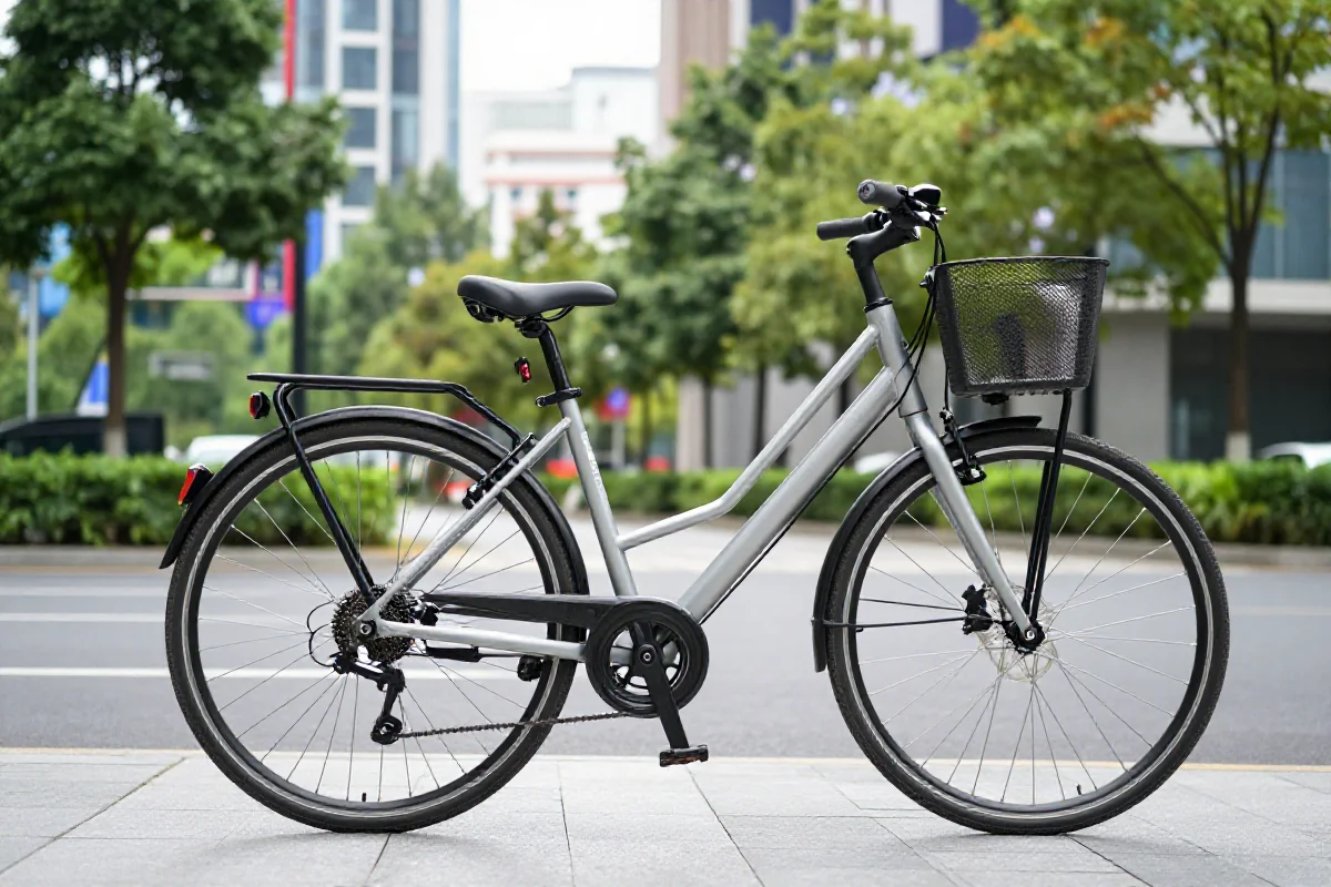 Nowoczesny rower miejski na tle miejskiego krajobrazu w Polsce.