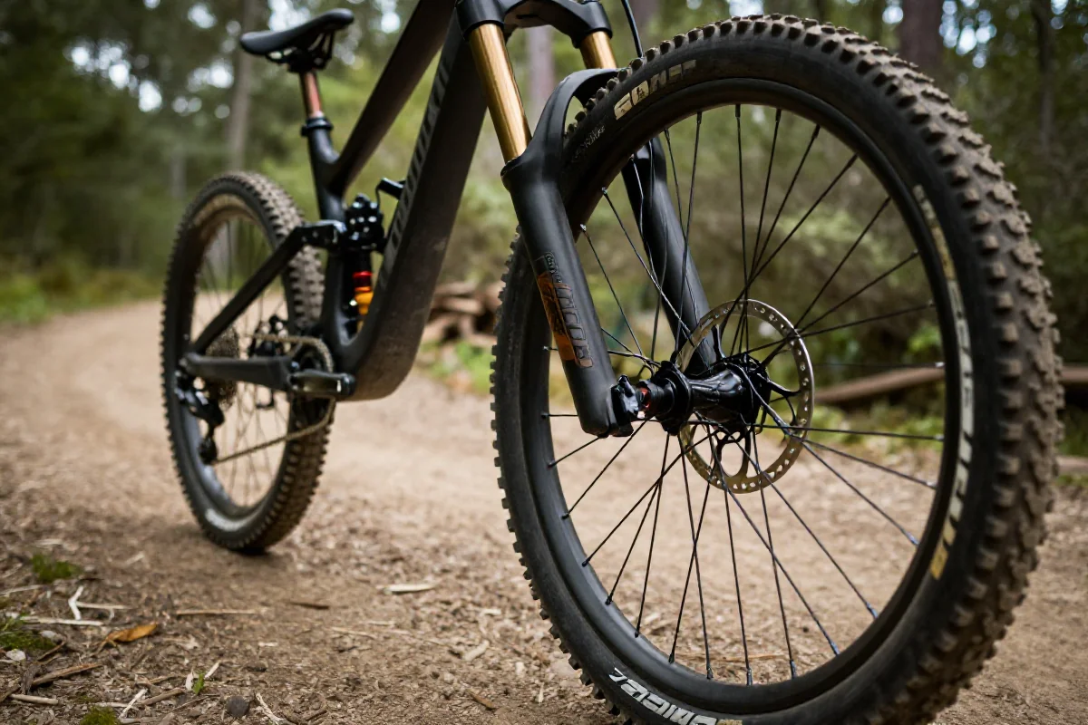 Zbliżenie na widok komponentów roweru MTB w terenie