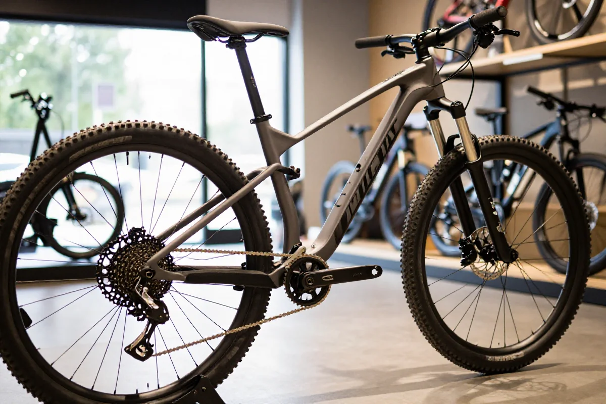 Rower górski w sklepie stacjonarnym, podkreślający jakość komponentów i ramy.