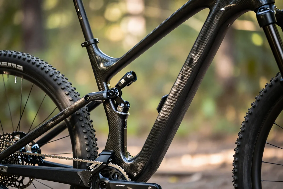 Zbliżenie na ramę roweru górskiego z włókna węglowego na tle natury