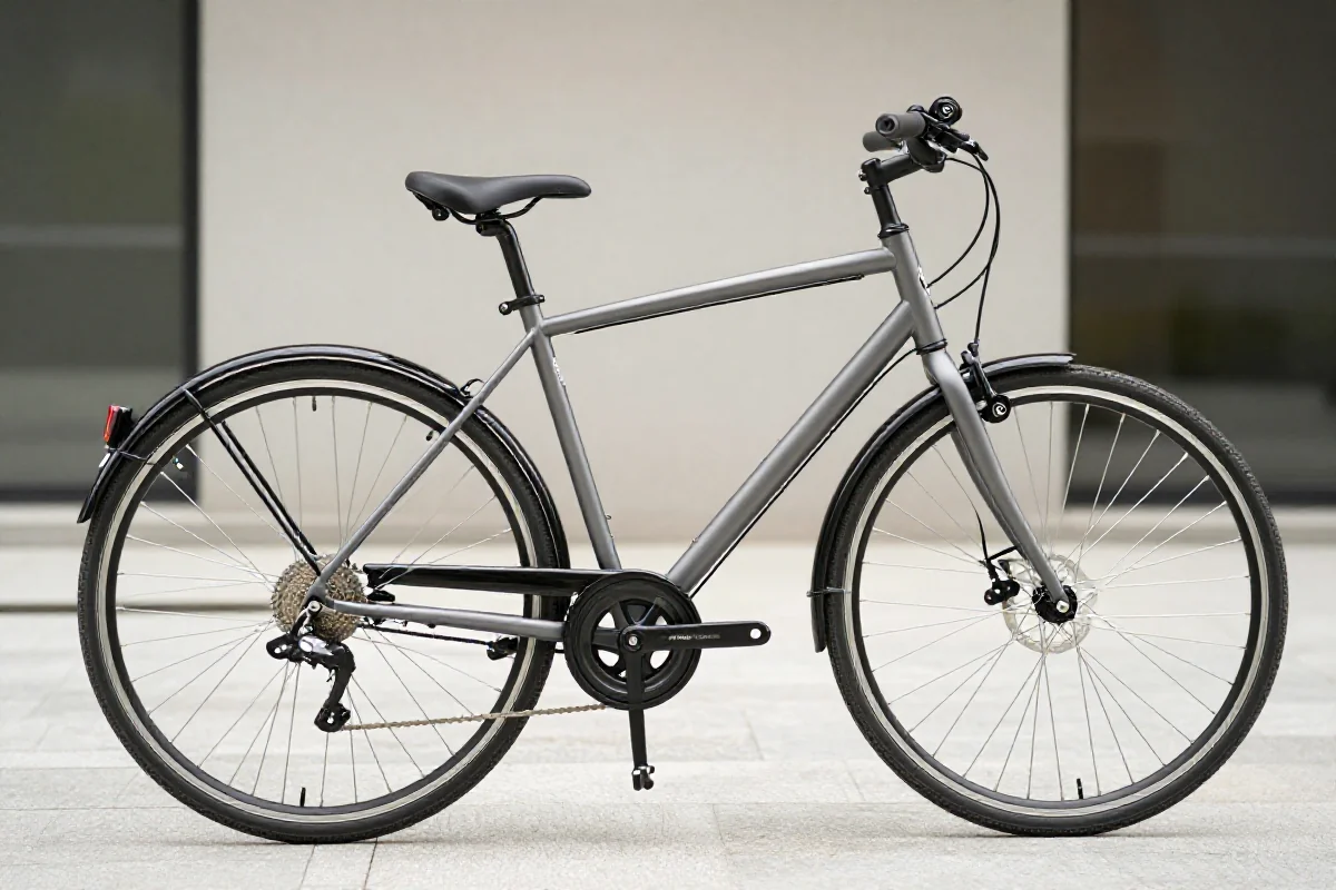 Używany rower miejski na tle miejskiego krajobrazu, idealny do zakupu.