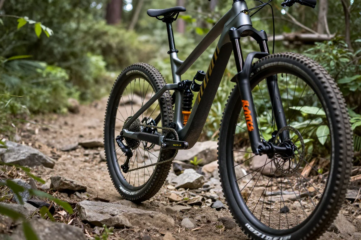 Szczegóły ramy roweru górskiego na szlaku, pokazujące elementy techniczne.