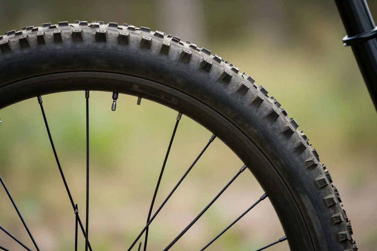 Zbliżenie opony roweru górskiego tubeless z niskim ciśnieniem.