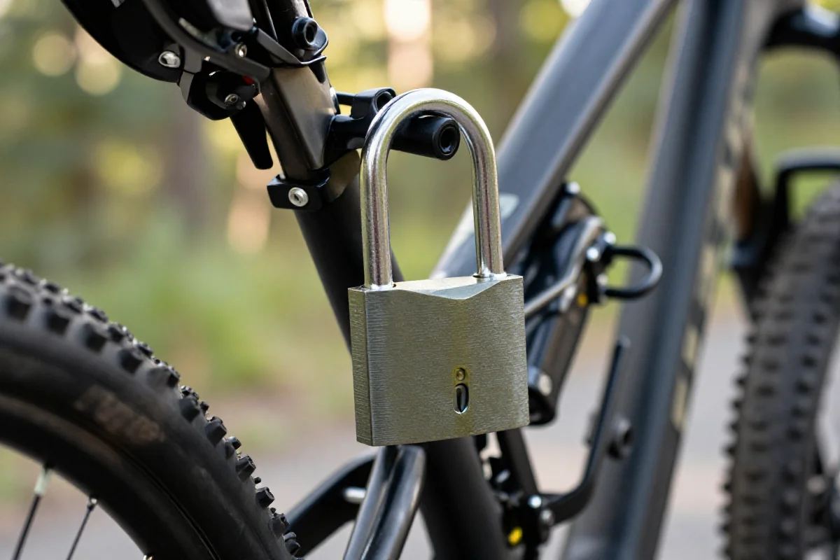 Zamek U-lock na ramie roweru górskiego w naturalnym otoczeniu.