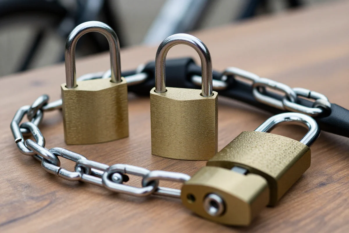 Różne zamki i łańcuchy rowerowe w zbliżeniu na drewnianej powierzchni