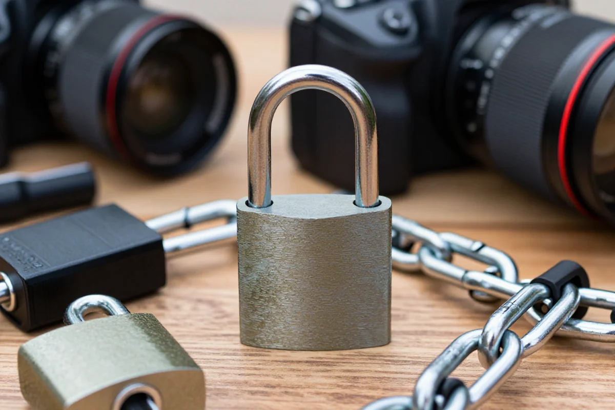 Zamki rowerowe: U-lock, łańcuch i linka na drewnianej powierzchni.