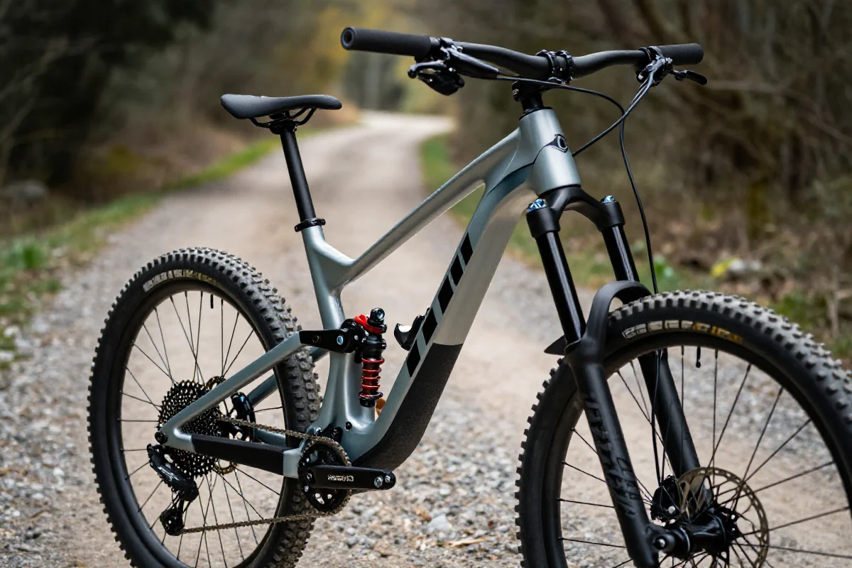 Szczegóły ramy roweru górskiego na tle natury, ukazujące geometrię i komponenty.