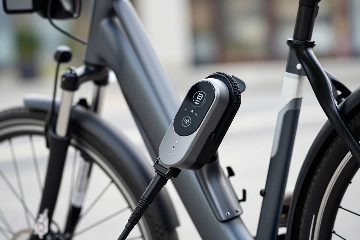 Nowoczesne zapięcie rowerowe z alarmem w miejskim otoczeniu