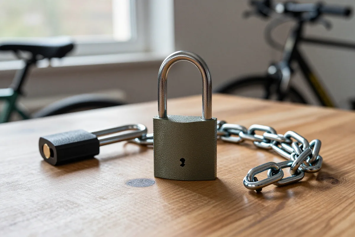 Zapięcia rowerowe na stole, U-lock i łańcuch, zabezpieczenia przed kradzieżą roweru.