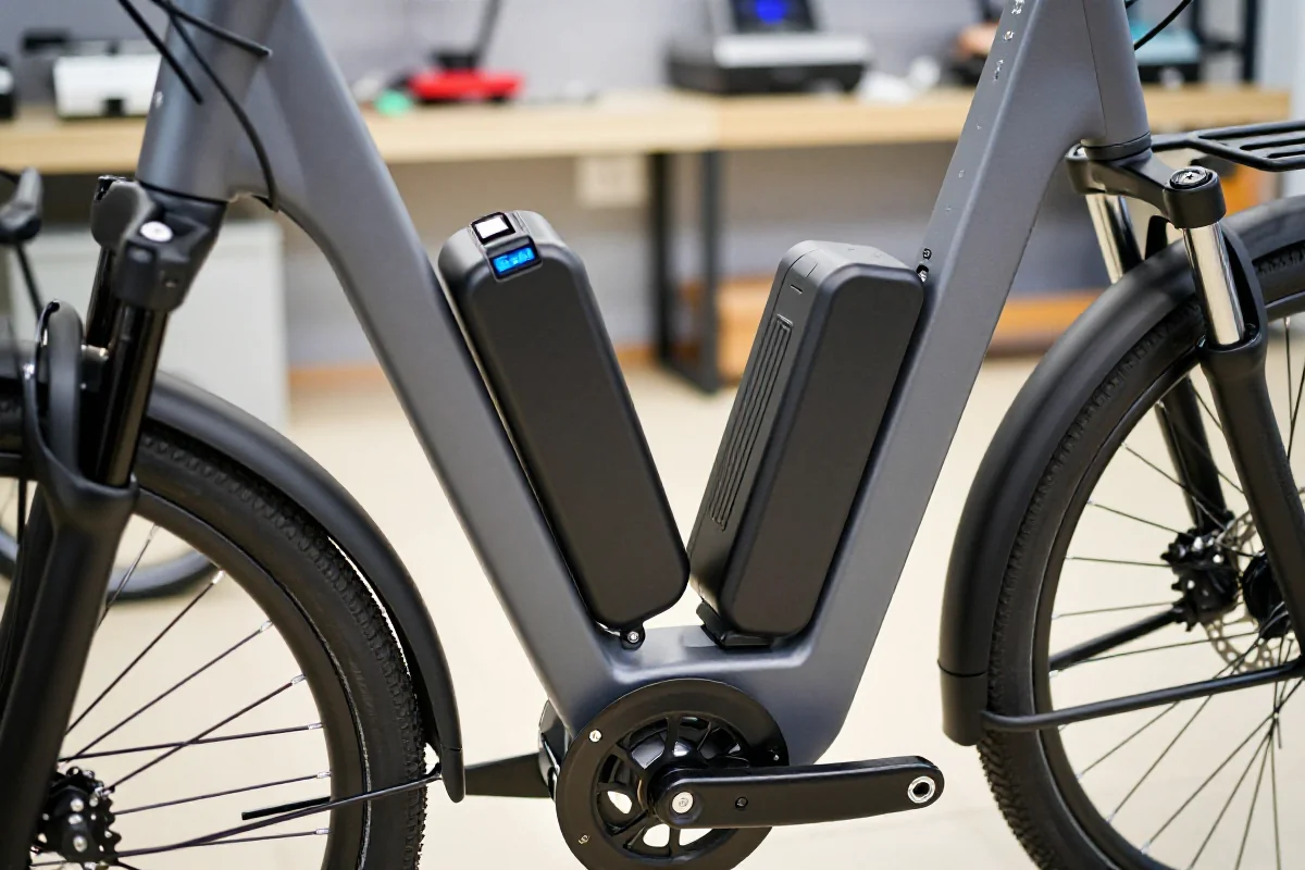 Zbliżenie nowoczesnej baterii roweru elektrycznego w warsztacie.