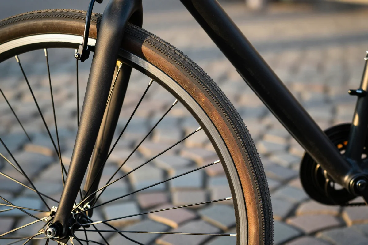 Opona rowerowa z widocznymi oznaczeniami ciśnienia na miejskim rowerze.