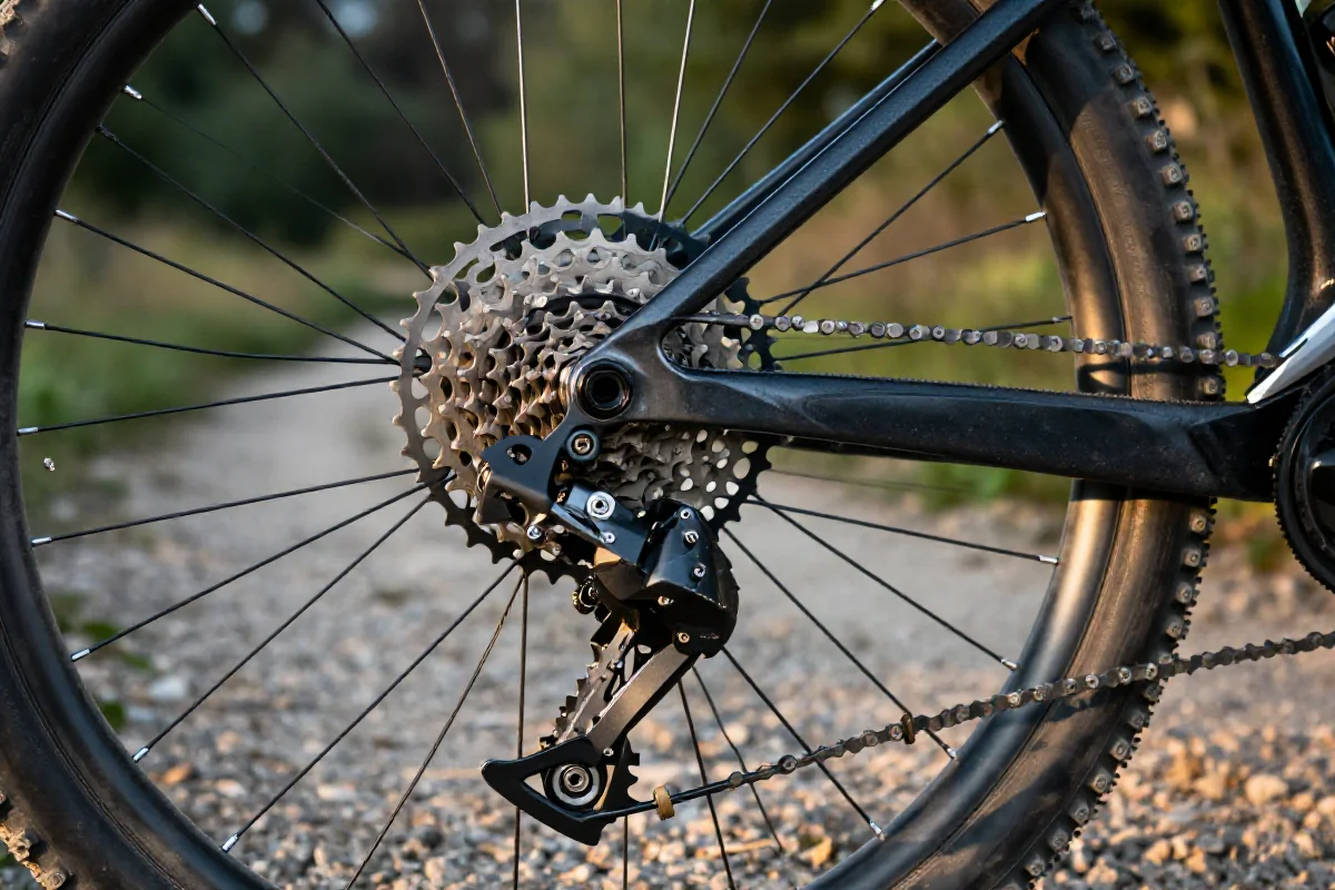 Szczegółowy widok napędu roweru górskiego na leśnej ścieżce.