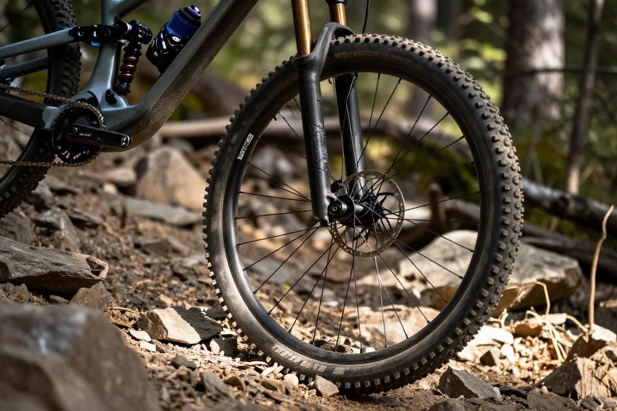 Zbliżenie na przednie koło roweru górskiego na skalistej trasie MTB.