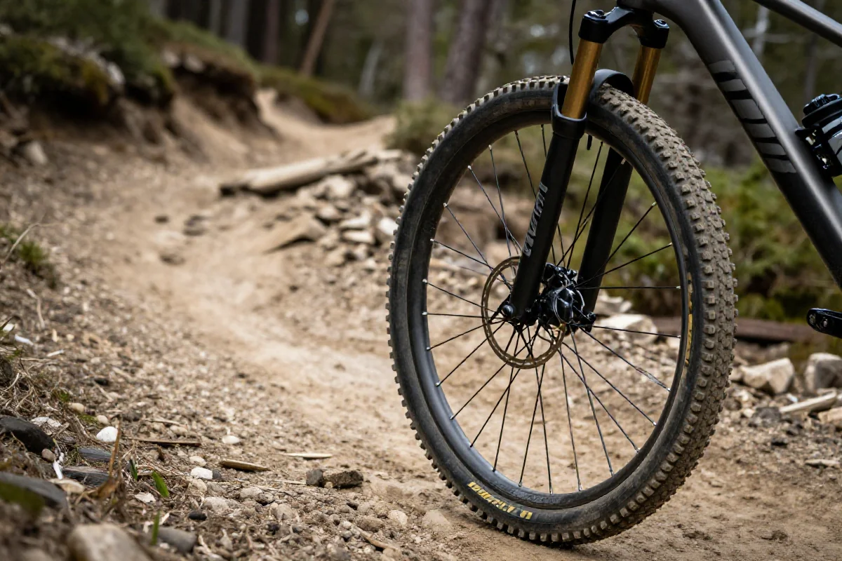 Nowoczesne tylne koło roweru górskiego na trudnej trasie MTB