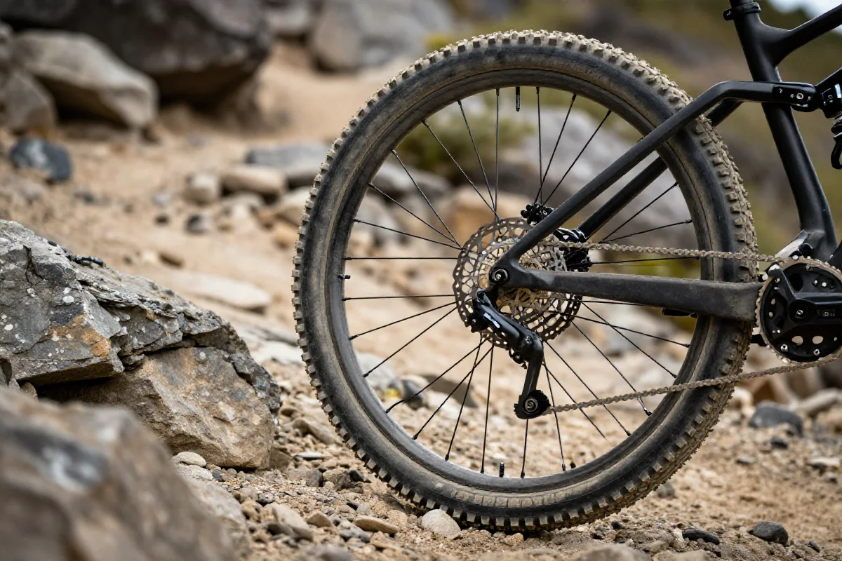 Tylnie koło roweru górskiego na stromej, kamienistej ścieżce podjazdowej.